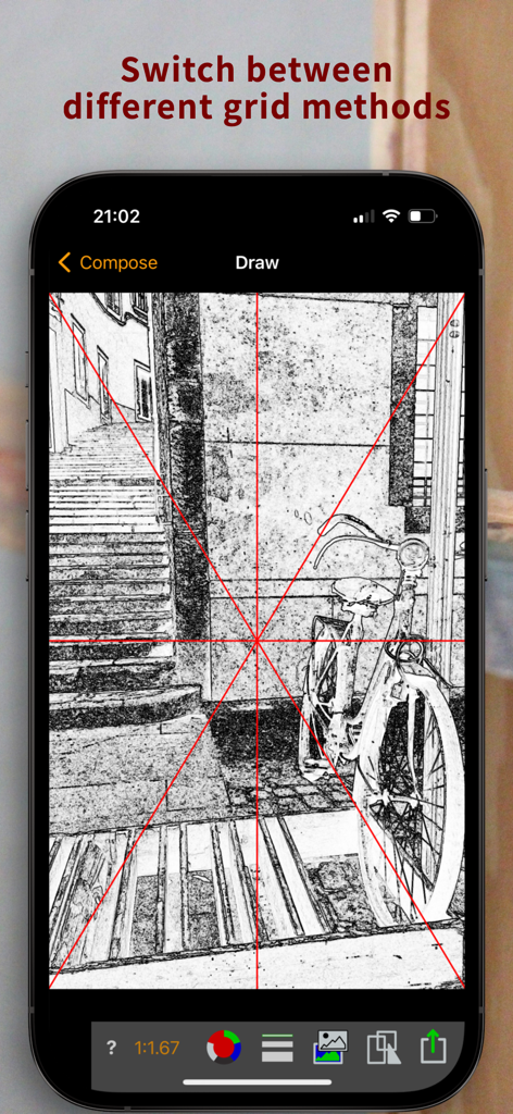 Sketch Grid app showing a red triangular grid over a black and white sketch of a bicycle