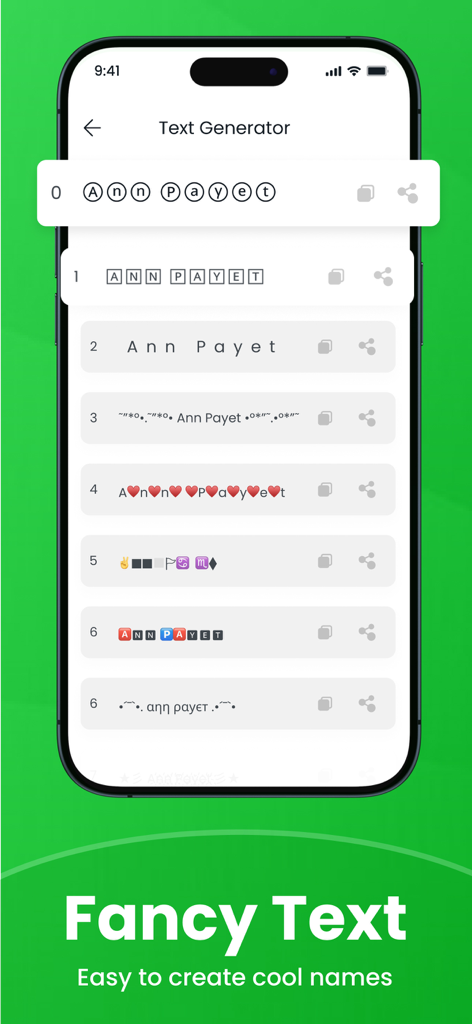 Mobile app screen showing various fancy and stylish text styles for the name Ann Payet