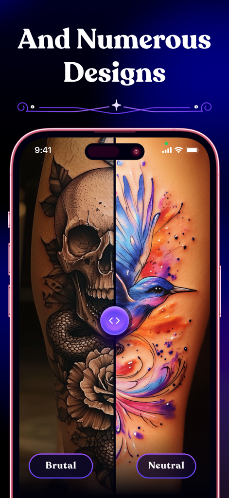 Tattoo Guru - AI Art Generator - Split screen of AI generated tattoo designs showing different styles on a smartphone