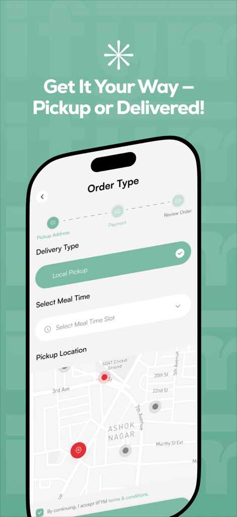 Interfaz de la app IIFYM que muestra opciones de recogida y entrega de comidas con un mapa