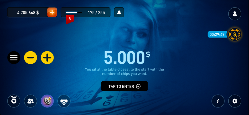 Bluff Game - Main entry screen for Bluff Game showing a table selection with a five thousand dollar buy in and navigation icons