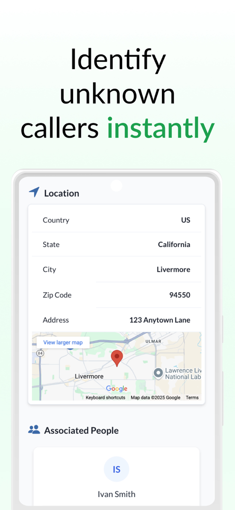 Lookify - Reverse Phone Lookup - Lookify app interface displaying caller name location and map for reverse phone lookup