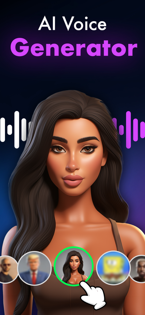 T2S - Voice Changer - Pantalla de selección de generador de voz IA con avatares de personajes en la aplicación T2S.