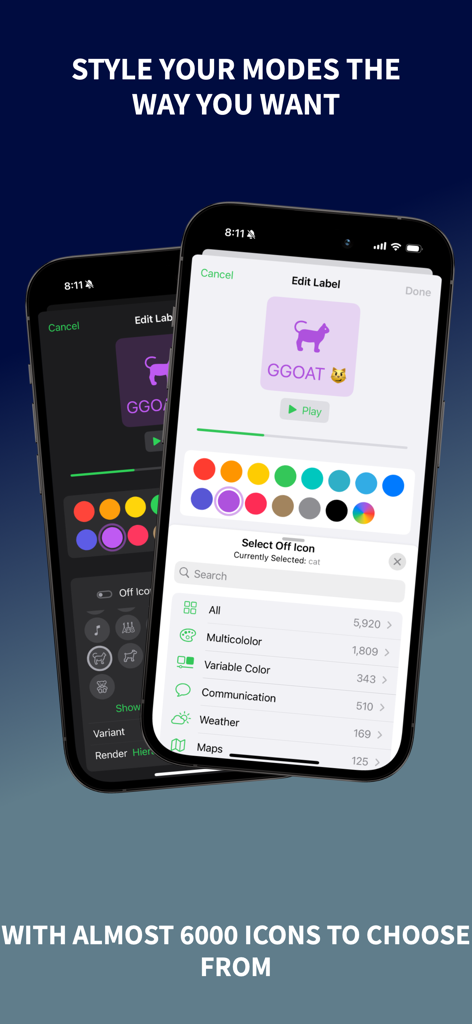 Guest Mode: Lock Apps - Two iPhones showing the Guest Mode app interface for customizing mode icons and colors with a selection of thousands of icon options.