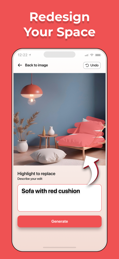 Decory - AI Home & Room Design - Decory app interface showing how to highlight a piece of furniture to redesign it using AI