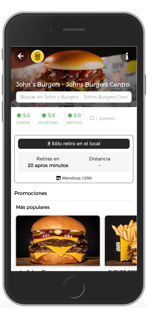 John´s Burgers 2.0 - Johns Burgersモバイルアプリのインターフェース。バーガーメニューとレストランの評価が表示されています。