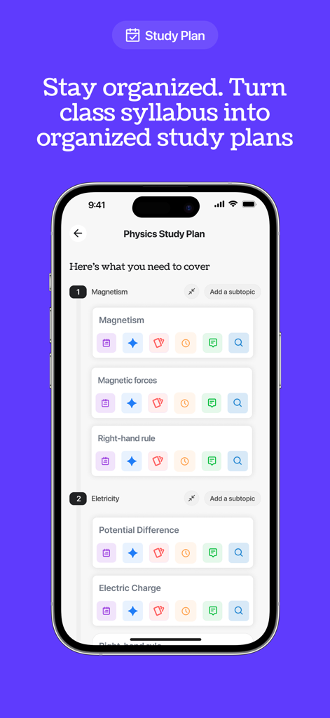 Shepherd: AI study co-pilot - Shepherd app interface displaying an organized Physics study plan with topics like Magnetism and Electricity