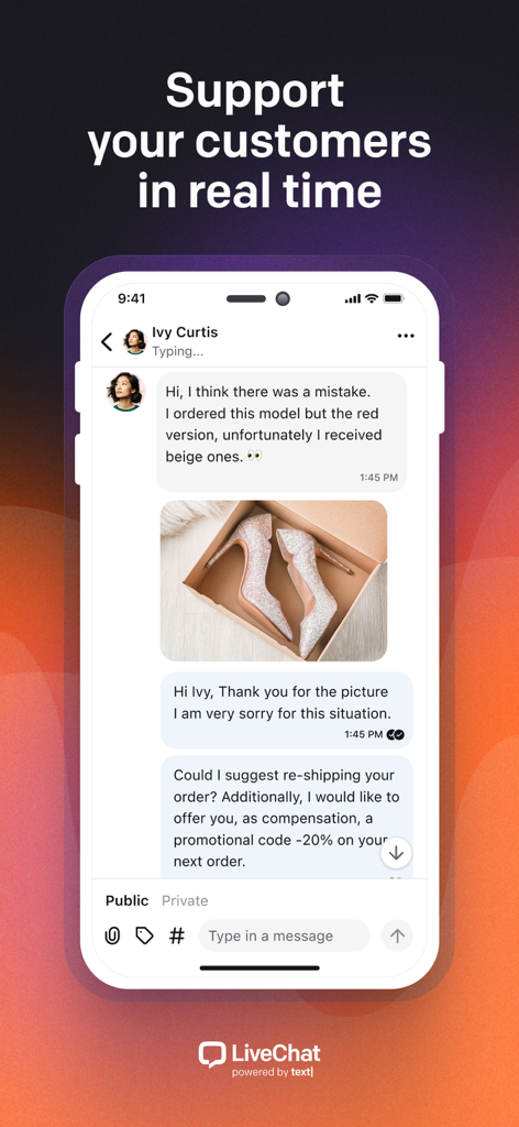 LiveChat mobile app interface showing a real time customer support conversation for an e-commerce issue.