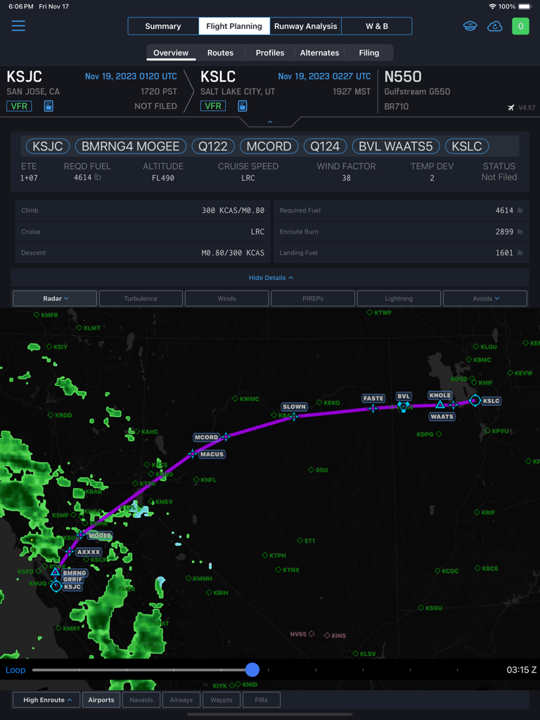Genesis PRO - Genesis PRO aviation app on iPad displaying a flight route from San Jose to Salt Lake City with integrated weather radar and navigation metrics