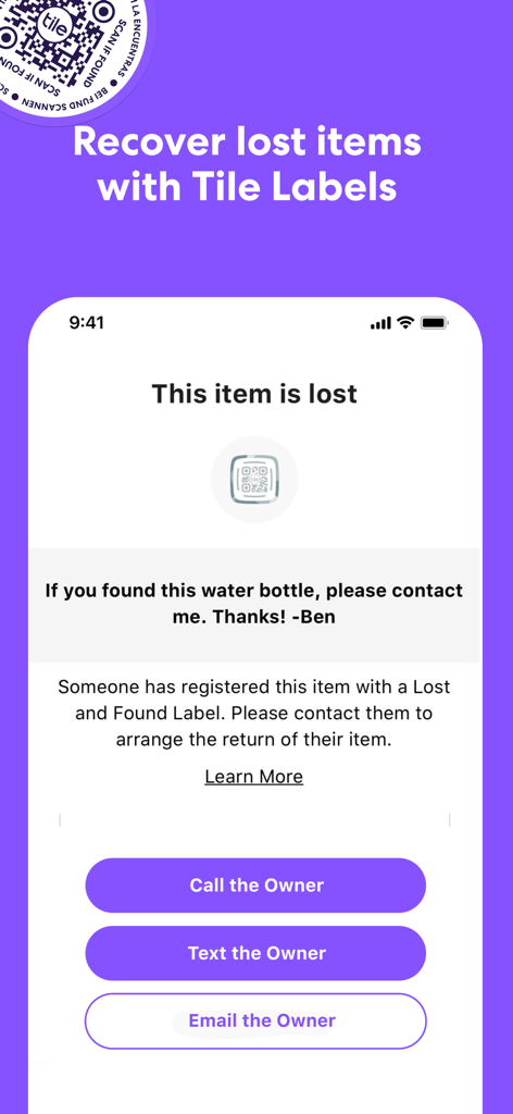 Tile app interface for recovering lost items using contact labels.