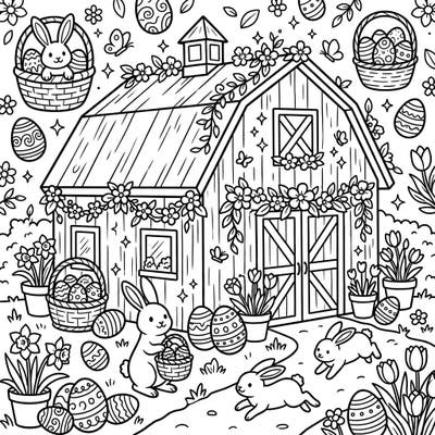 Get ready for an enchanting Easter celebration with this delightful coloring page featuring a festive dairy barn. Kids will love bringing to life the playful bunnies, beautifully decorated eggs, and vibrant spring flowers surrounding the charming farm scene.