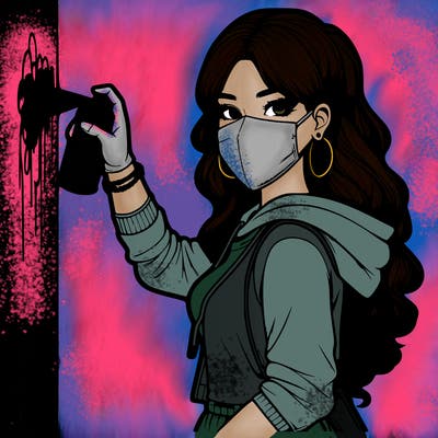 realistic girl with mask spray painting a wall