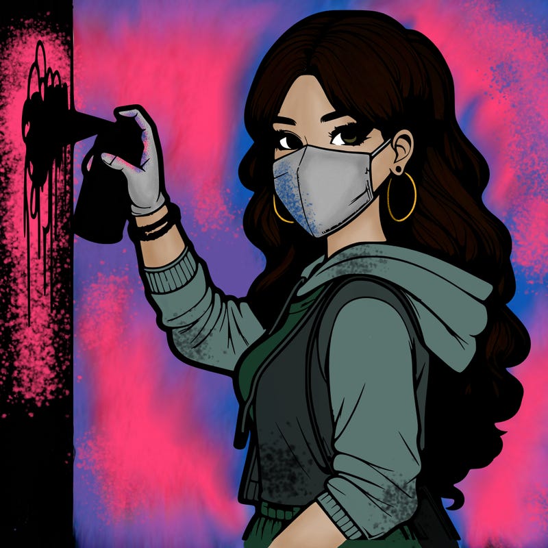 realistic girl with mask spray painting a wall