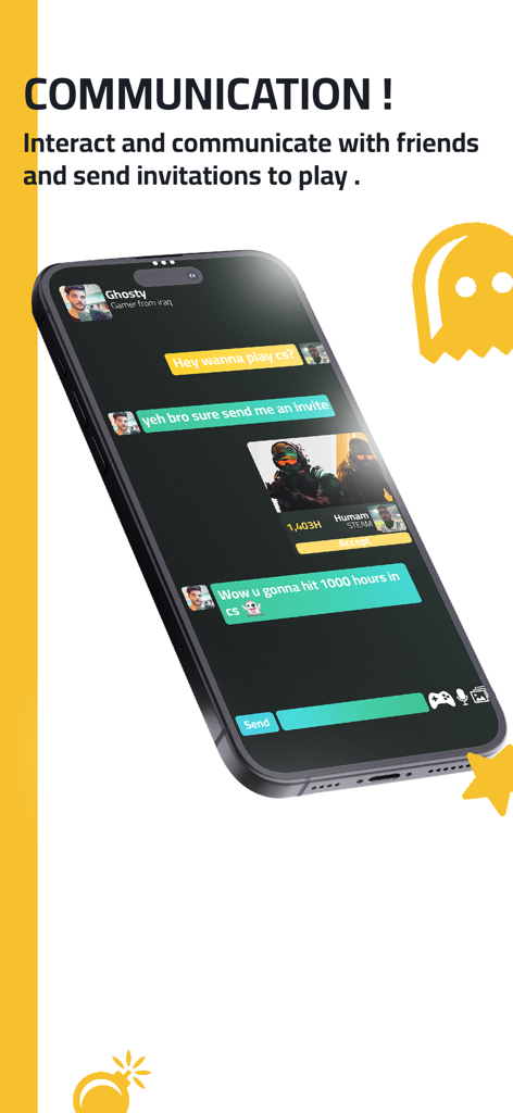 G Club - G Club app chat interface showing gamers interacting and sending play invitations.