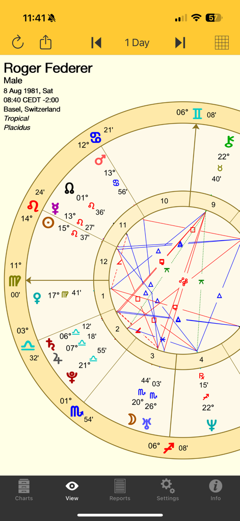 Astro Gold - A professional natal birth chart wheel displayed in the Astro Gold app
