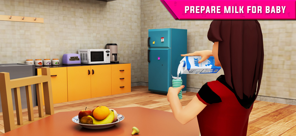 Mother Simulator:Mom Life Game - A 3D character pouring milk from a carton into a baby bottle in a kitchen