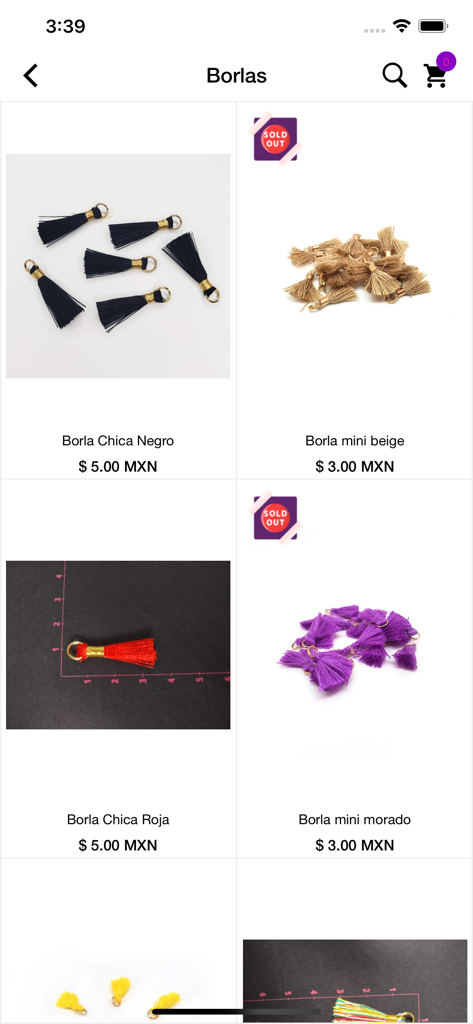 Accesorios Rubi - Katalogseite der Accesorios Rubi App mit verschiedenen Schmuckquasten und deren Preisen