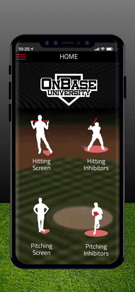 OnBaseU - Home screen of the OnBaseU app featuring categories for hitting and pitching assessments