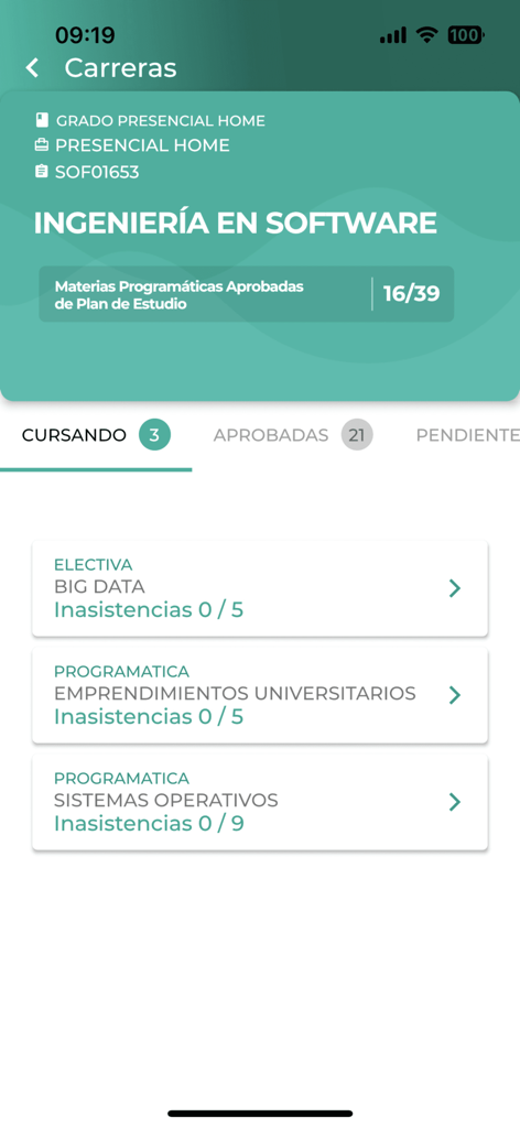 Pantalla de progreso académico para un estudiante de ingeniería de software en la app móvil Universidad Siglo 21