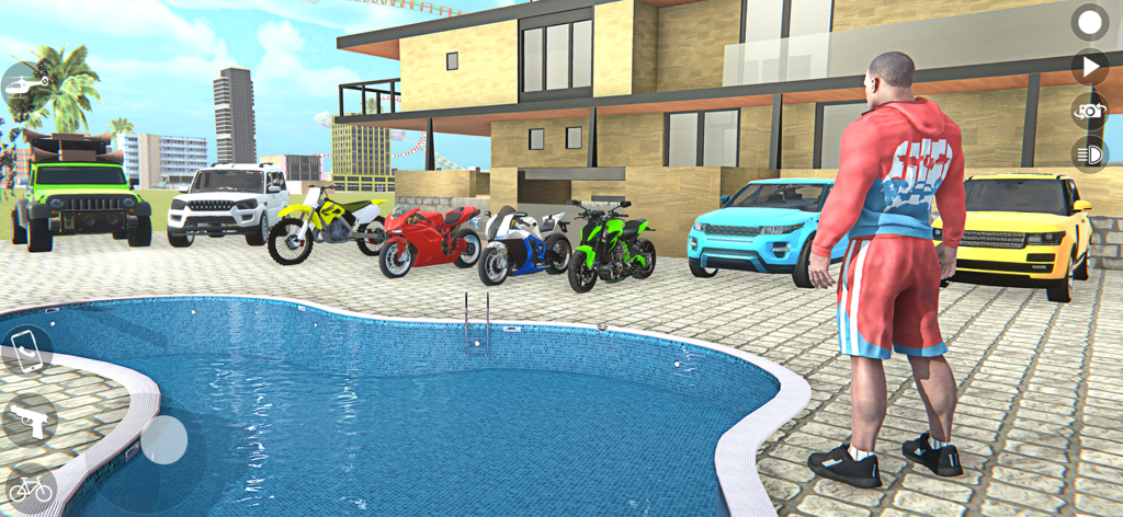 Indian Bike Driving Simulator - Un personaje de pie junto a una piscina, al lado de una hilera de varias motocicletas y SUVs en un entorno de juego sandbox.