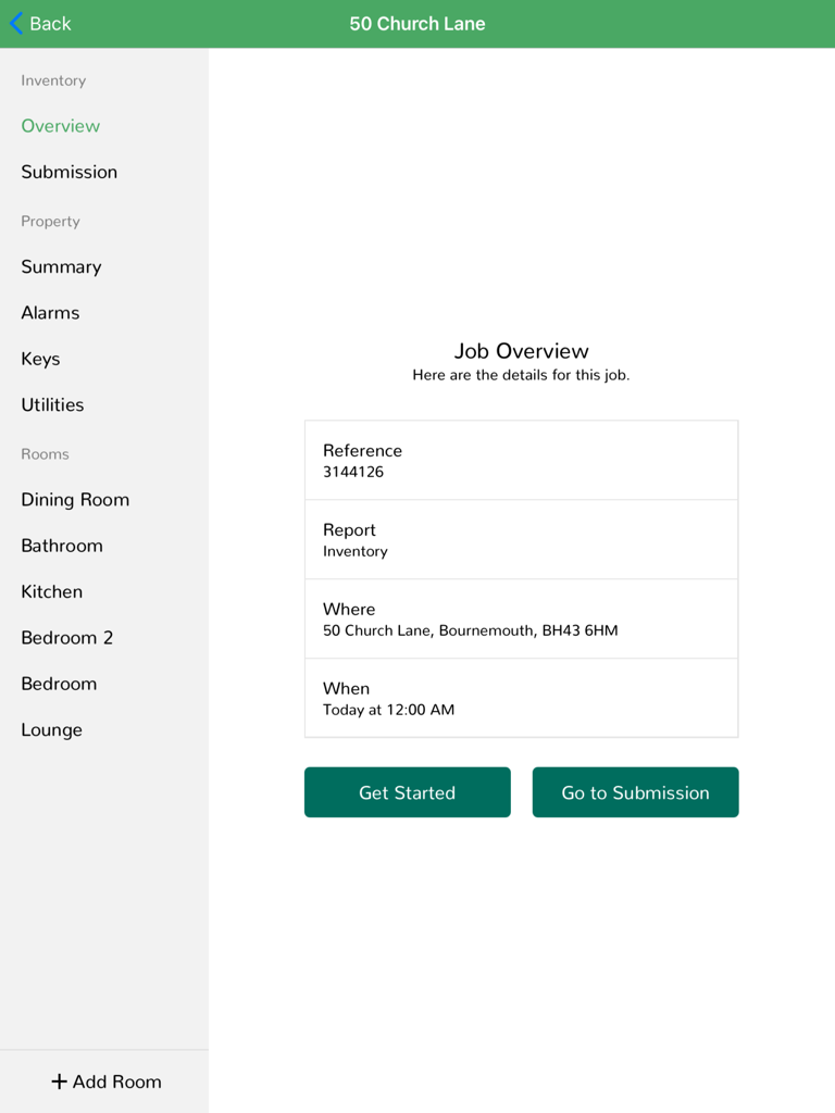 Homex - Property Services - Homex app job overview screen for a property inventory assessment