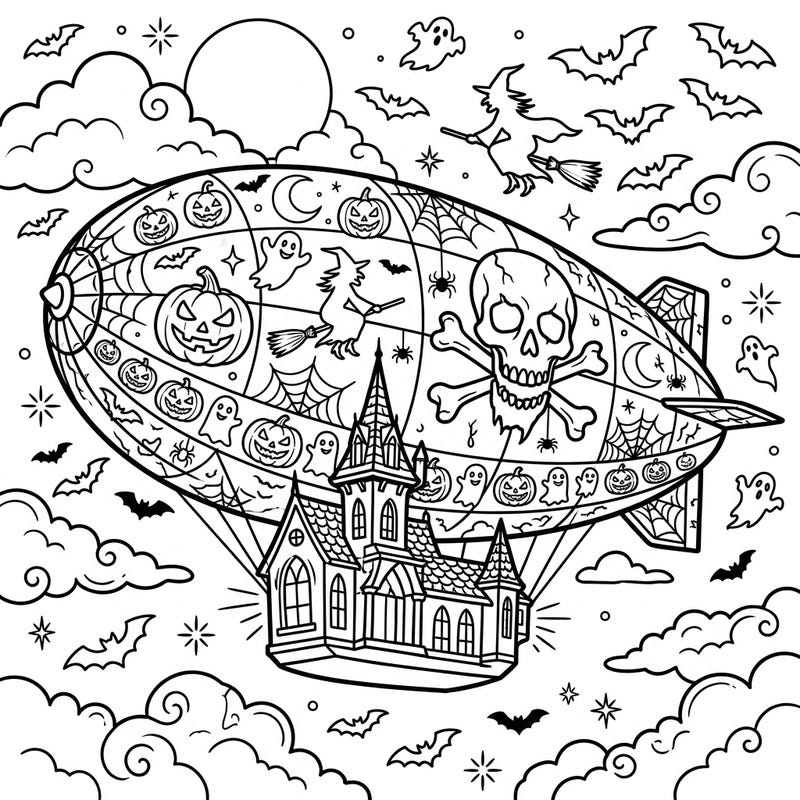 Embark on a high-flying Halloween adventure with this unique airship coloring page. Adorned with festive pumpkins, playful ghosts, and a suspended haunted house, it promises hours of creative, spooky fun.