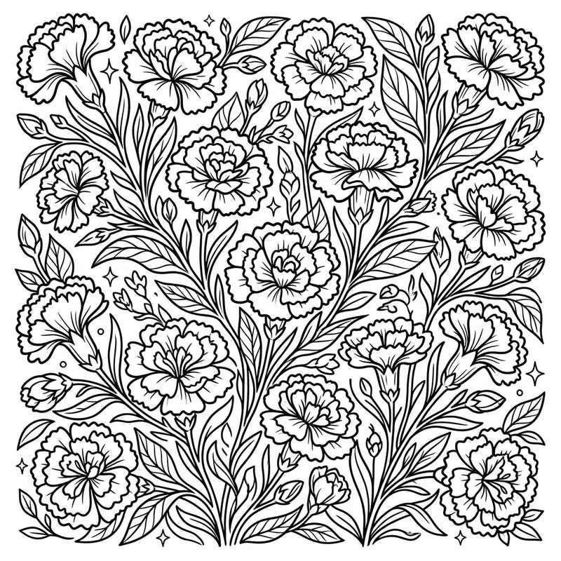 Immerse yourself in a garden of miniature carnations with this beautifully detailed coloring page. Explore intricate floral patterns, perfect for a relaxing and creative coloring session.