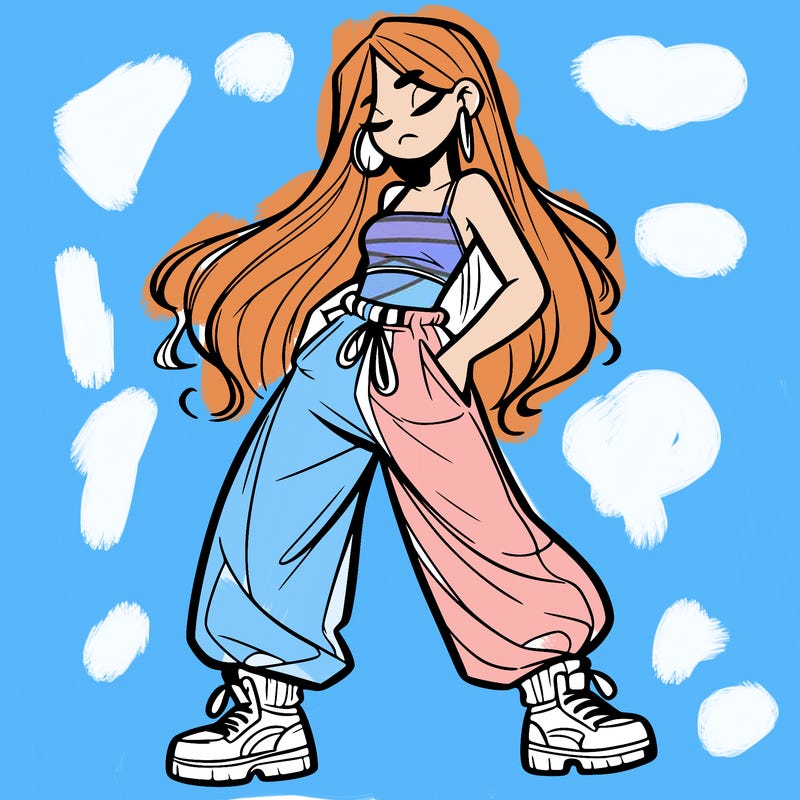 girl in baggy pants crop top and long hair