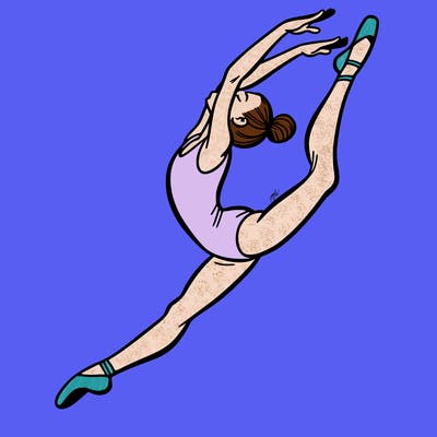 gymnast doing a leap in a leotard with a bent back leg