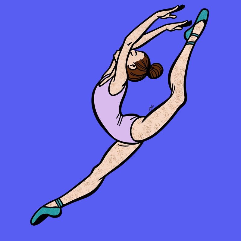 gymnast doing a leap in a leotard with a bent back leg