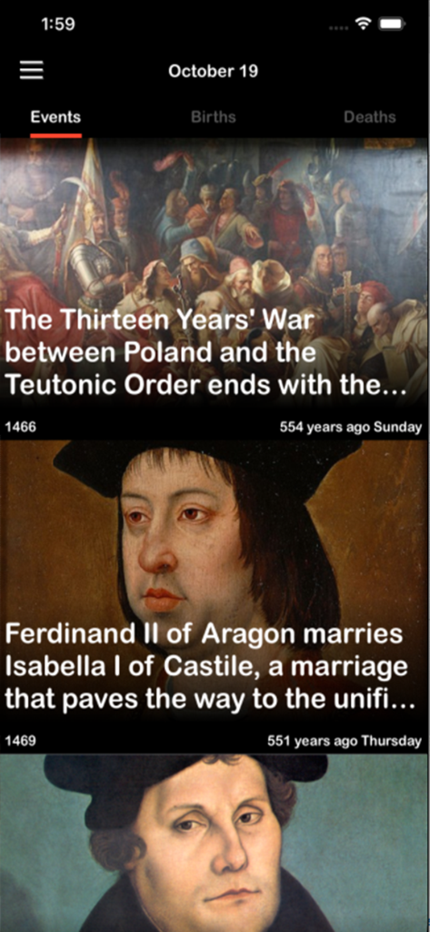 A mobile app interface displaying historical events for October 19 including the Thirteen Years War and the marriage of Ferdinand II of Aragon.