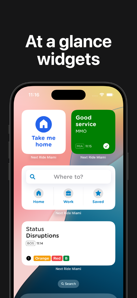 Next Ride Miami-Dade Transit - iPhone home screen displaying Next Ride Miami transit widgets for quick navigation and real-time service status.