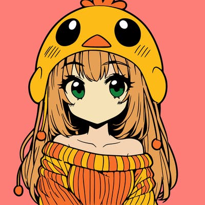 anime girl with chick shaped hat with sweater with bare shoulders with bangs covering them one eye with low tail