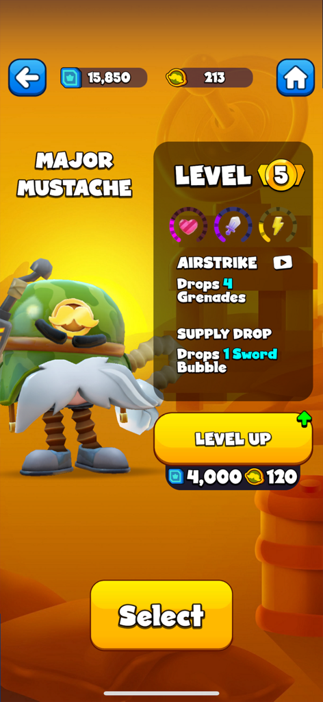 Major Mustache character profile screen in Bubble Busters showing RPG stats and level up options