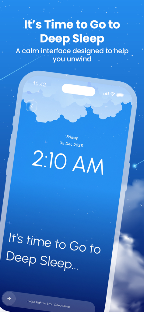 Deep Sleep Sound - A calm blue interface of the Deep Sleep Sound app featuring a digital clock and a starry night background
