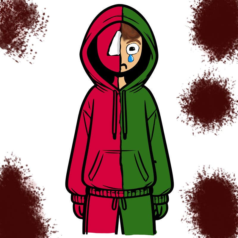 faceless girl in a tracksuit with a hood on and no hair