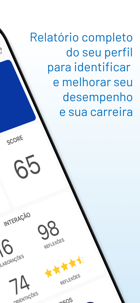 Meus Cursos Online - Profile report screen in the Meus Cursos Online app displaying a performance score and interaction metrics