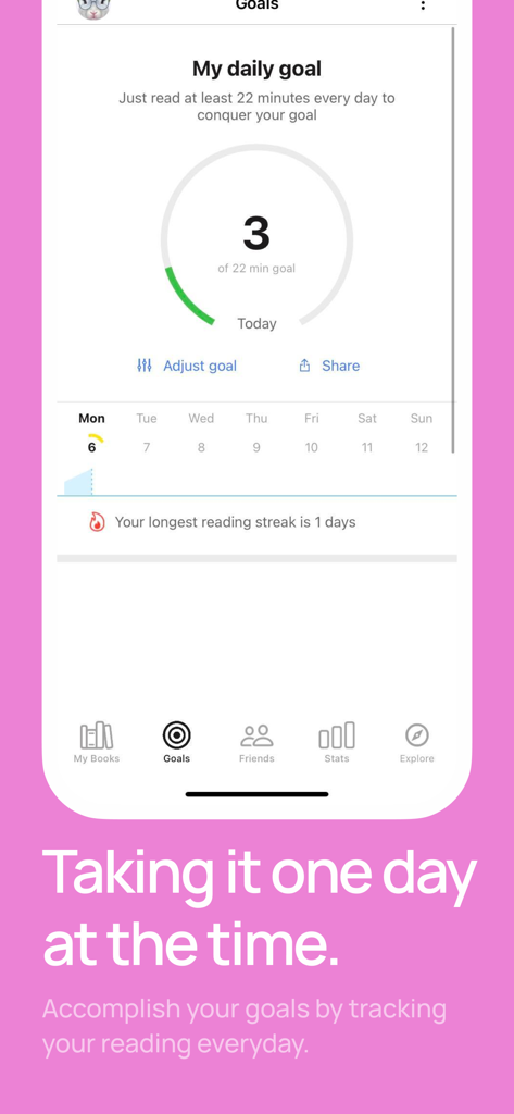 Basmo.Reading Tracker,Book Log - Basmo app interface showing a daily reading goal of 22 minutes with a progress circle and weekly activity tracker.