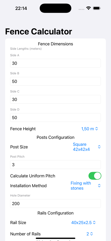 FencePro app screen showing dimension inputs and material configuration for fence planning