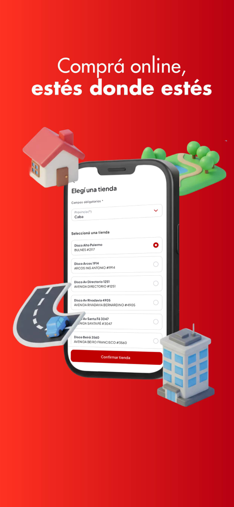 Disco Argentina mobile app showing the store selector for online shopping
