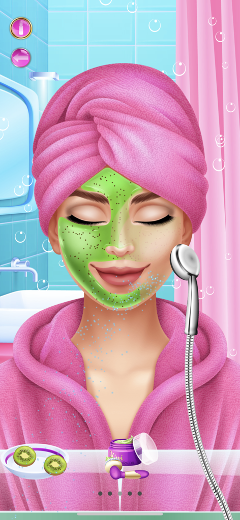 A character with a pink towel on her head applying a green facial mask during a spa session