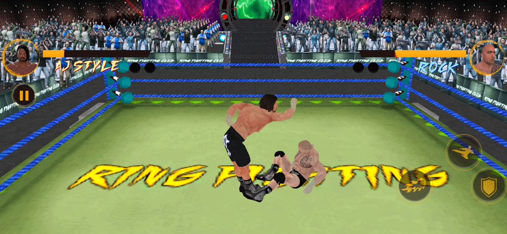 Pro Wrestling Revolution 2025 - Gameplay screenshot of a wrestling match between AJ Style and Rock in a Pro Wrestling Revolution 2025 arena