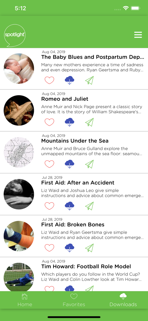 Radio English - Official App - Spotlight Englishアプリのスクリーンショット。文学、科学、健康などのトピックを持つ教育的オーディオプログラムのリストが表示されている。