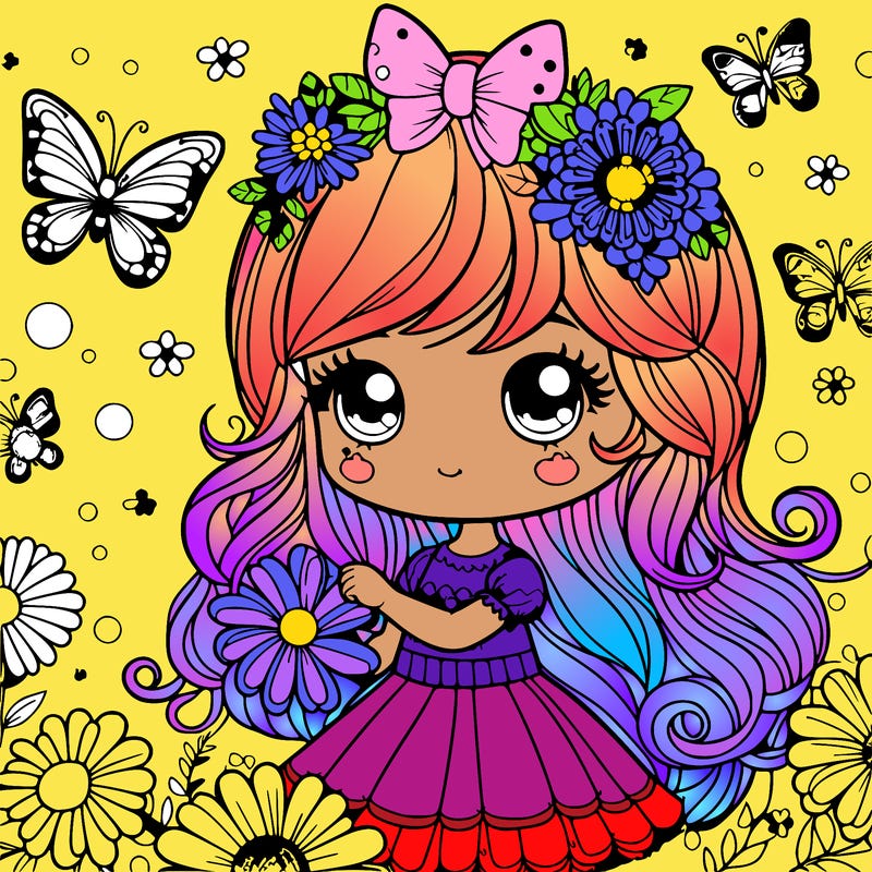 girl with butterflies and flowers