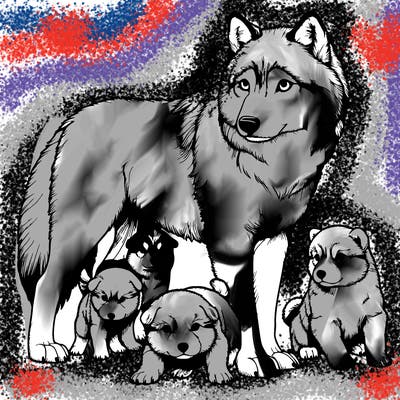 realistic wolf with realistic puppy’s