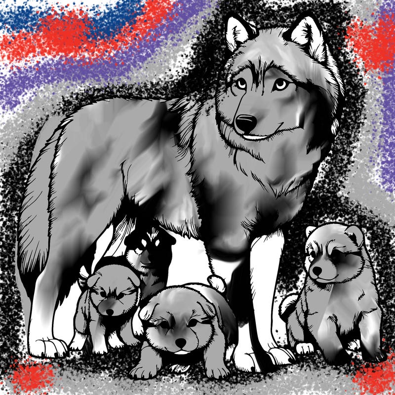 realistic wolf with realistic puppy’s