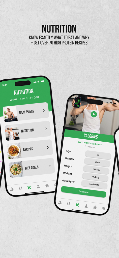 90 Day Challenge app nutrition features and calorie calculator screens
