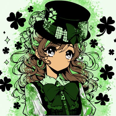 a manga-style girl with clovers around her, a little hat in her hair, like it's saint patrick's day