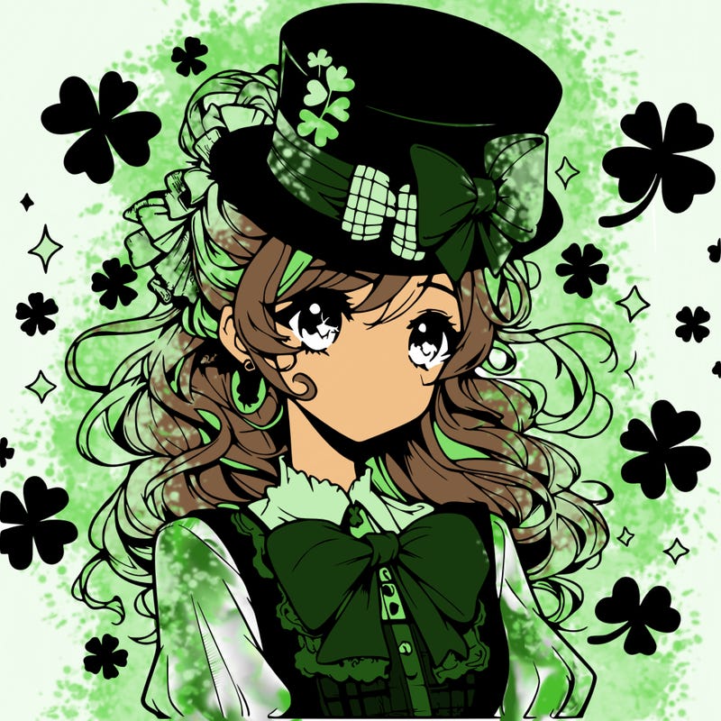a manga-style girl with clovers around her, a little hat in her hair, like it's saint patrick's day
