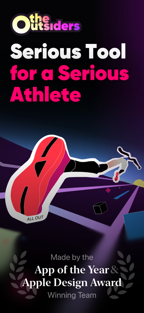 The Outsiders: Athlete Tracker - Tela promocional do aplicativo The Outsiders com o texto Serious Tool for a Serious Athlete e selos de prêmios